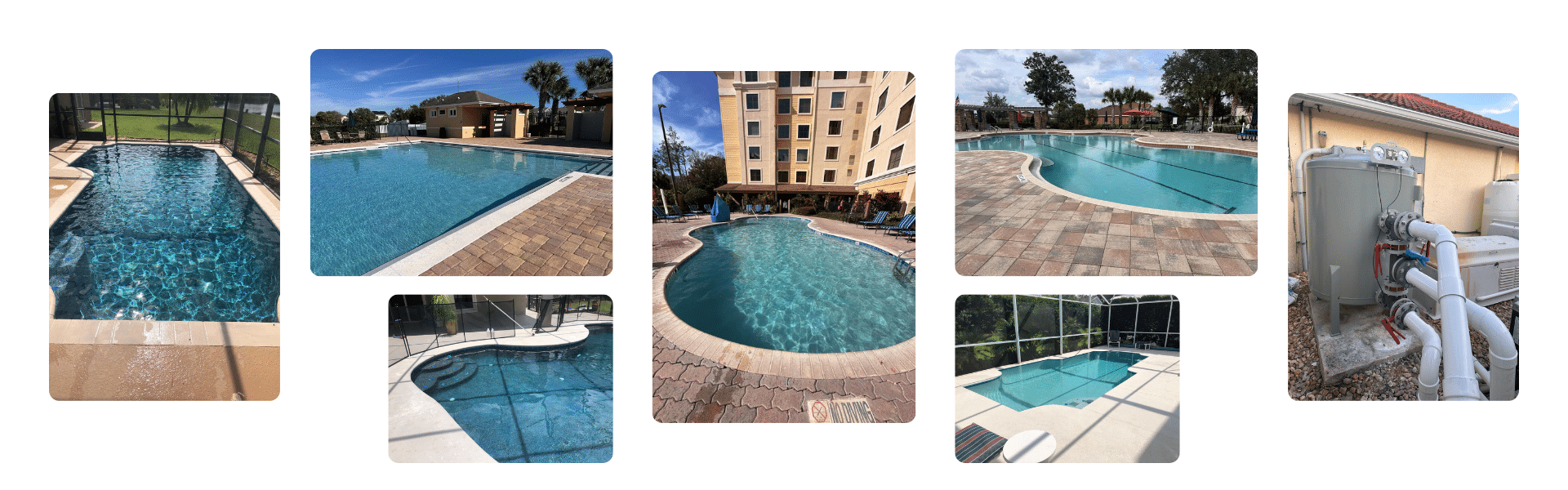 Collage of swimming pool scenes featuring turquoise water, pool decking, and outdoor patio areas showcasing pool renovation and maintenance services